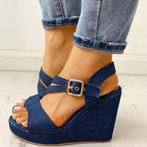 Denim Buckled Platform Wedge Sandals