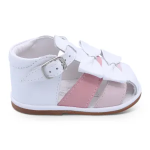 'Dina' Girls White Leather with Pink & Baby Pink T-Bar Sandals