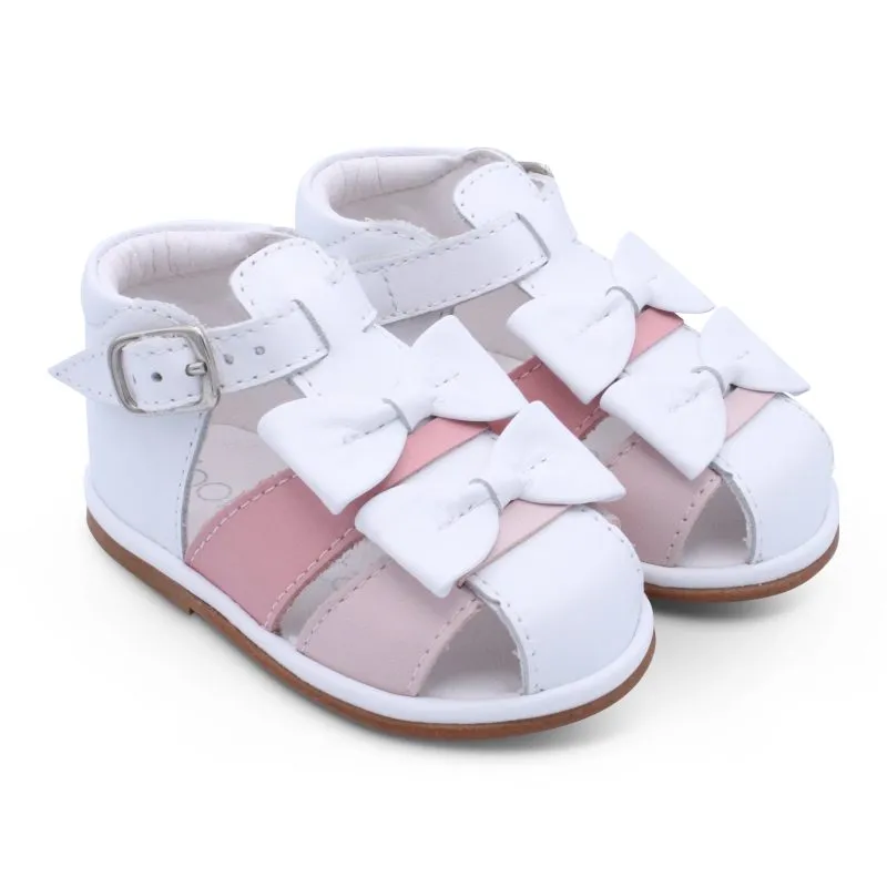 'Dina' Girls White Leather with Pink & Baby Pink T-Bar Sandals