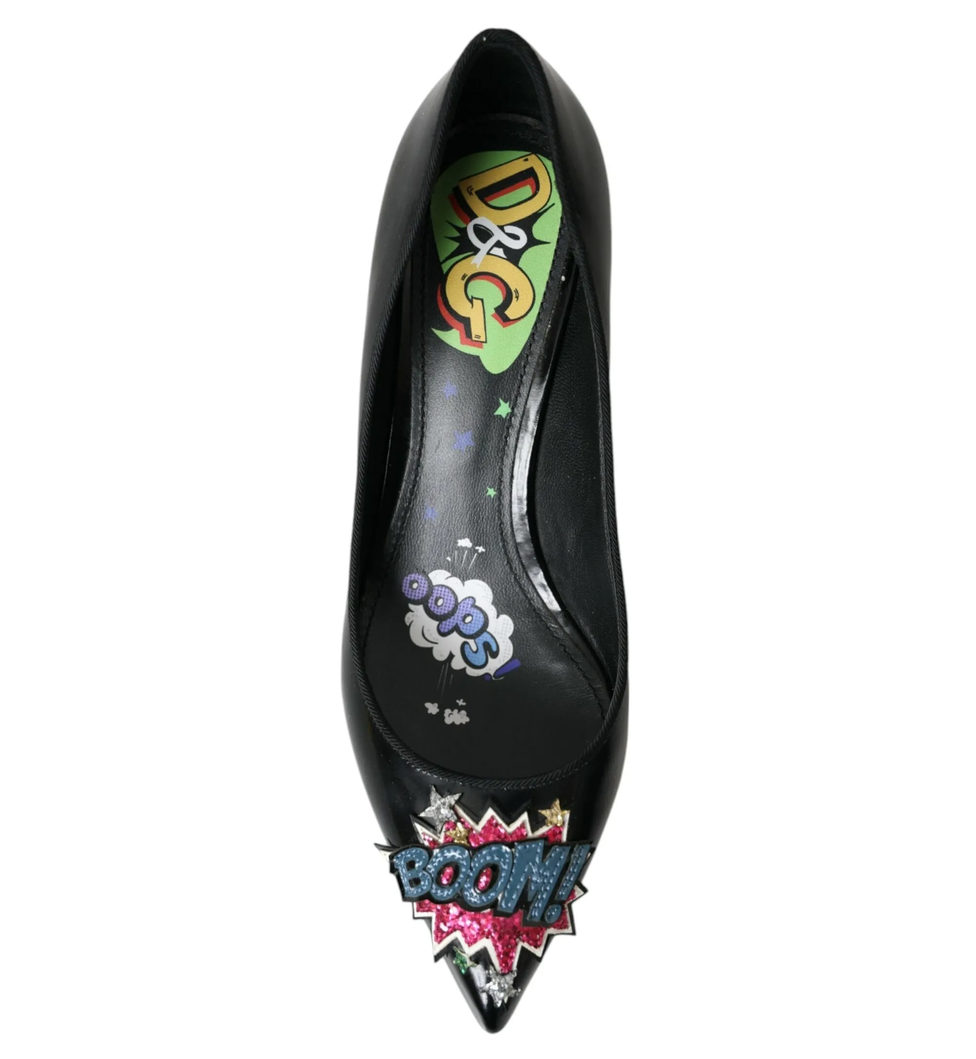 Dolce & Gabbana Black Leather BOOM Patch Heels Pumps Shoes