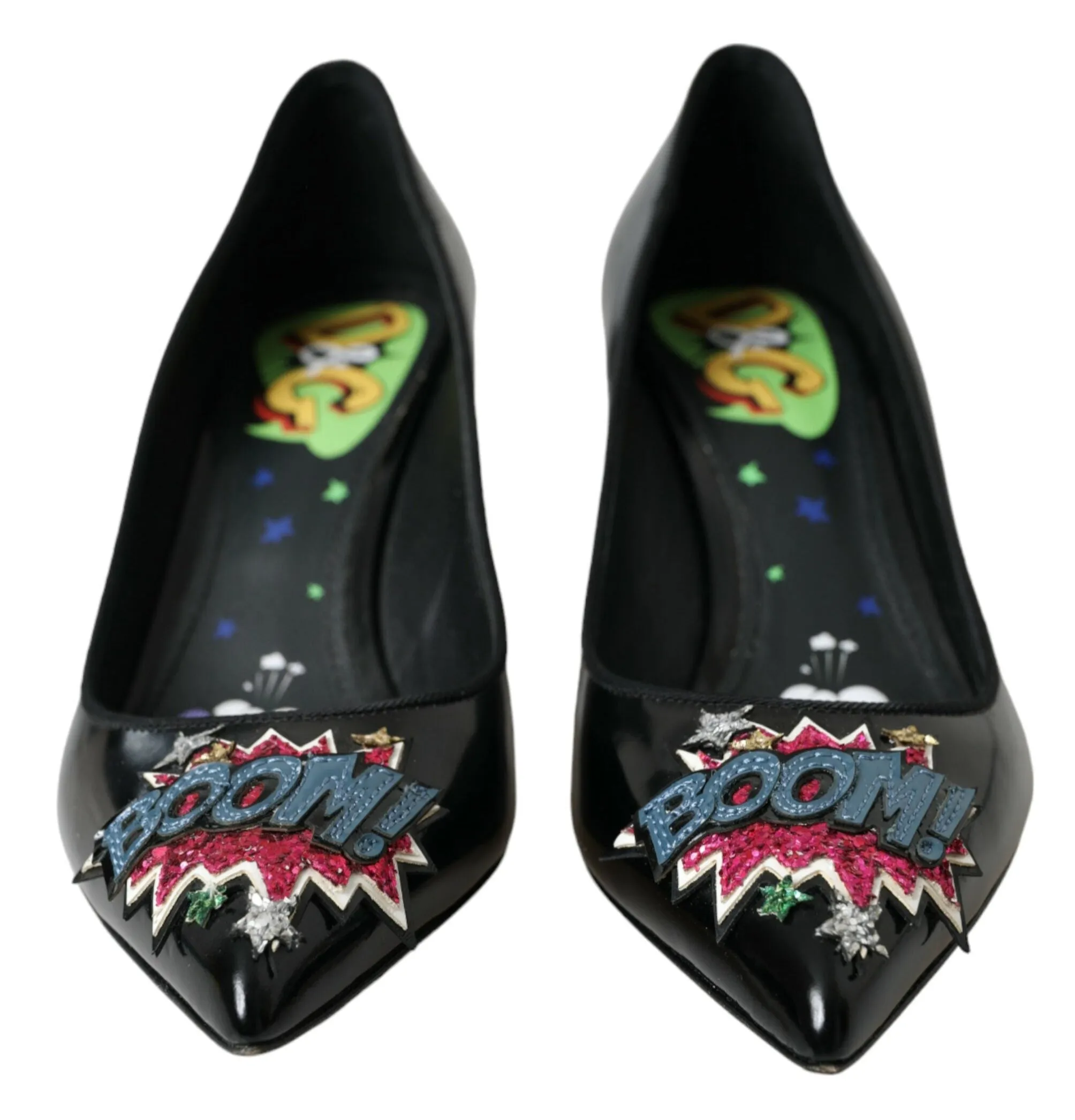 Dolce & Gabbana Black Leather BOOM Patch Heels Pumps Shoes