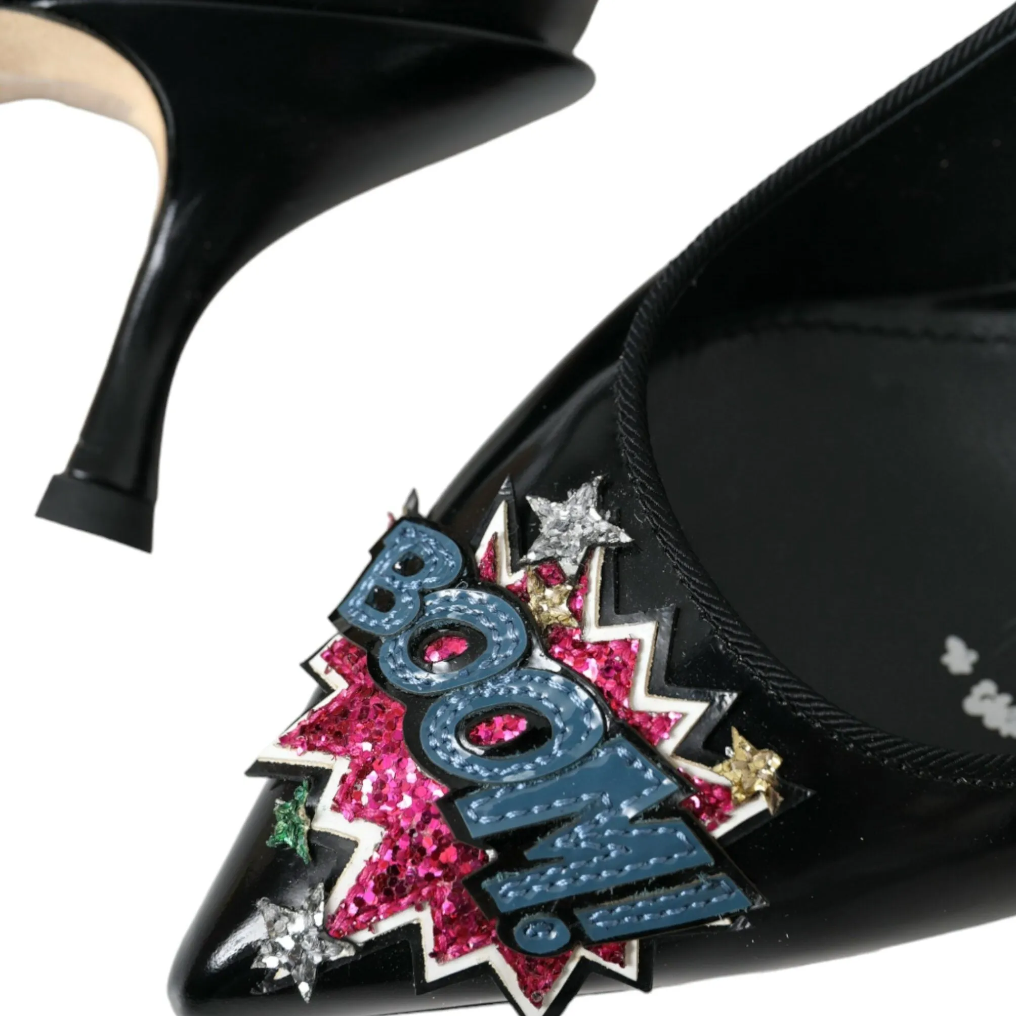 Dolce & Gabbana Black Leather BOOM Patch Heels Pumps Shoes