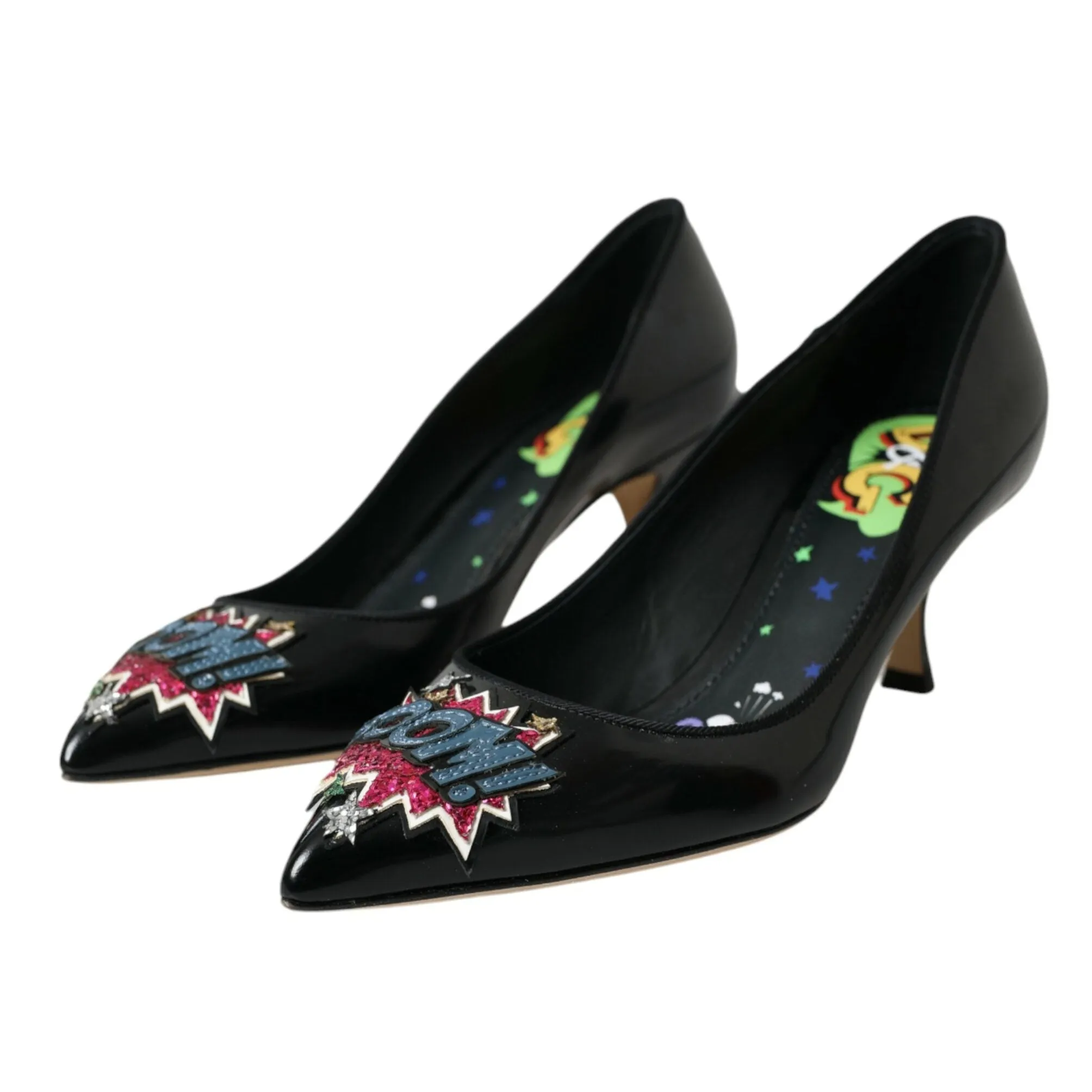 Dolce & Gabbana Black Leather BOOM Patch Heels Pumps Shoes