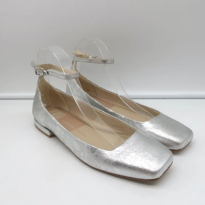 Dolce Vita Ashya Ankle Strap Ballet Flats Silver Metallic Leather Size 8 NEW