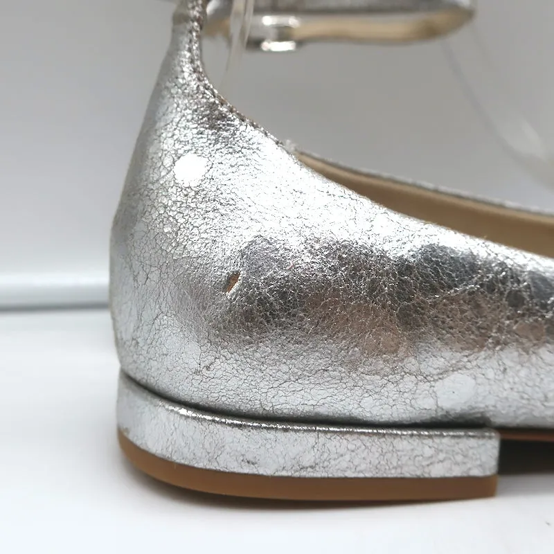 Dolce Vita Ashya Ankle Strap Ballet Flats Silver Metallic Leather Size 8 NEW
