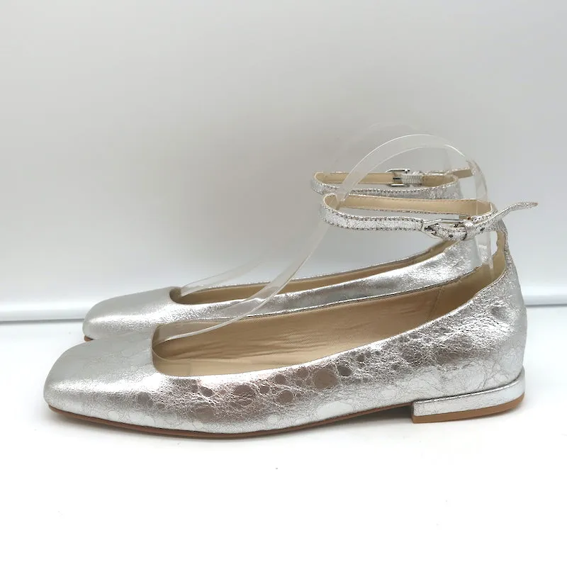 Dolce Vita Ashya Ankle Strap Ballet Flats Silver Metallic Leather Size 8 NEW