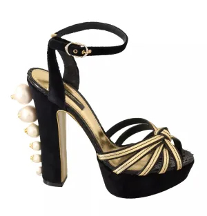 Dolce&Gabbana Women Black Gold Sandals Leather Strappy High Heel Shoes Sz EUR 38