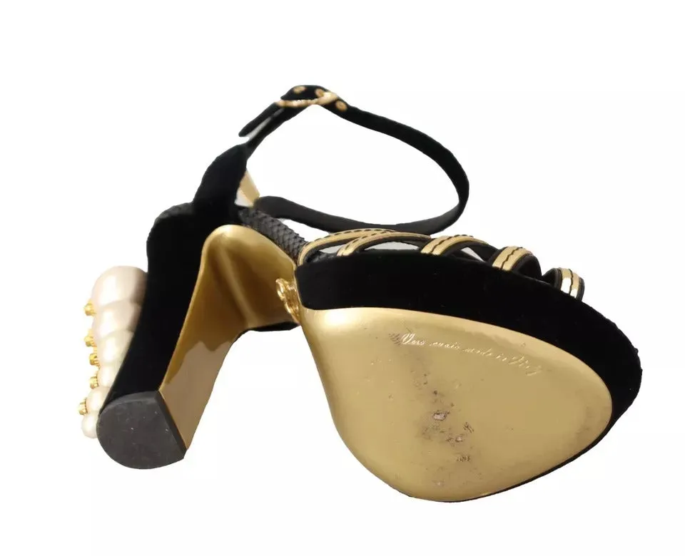 Dolce&Gabbana Women Black Gold Sandals Leather Strappy High Heel Shoes Sz EUR 38