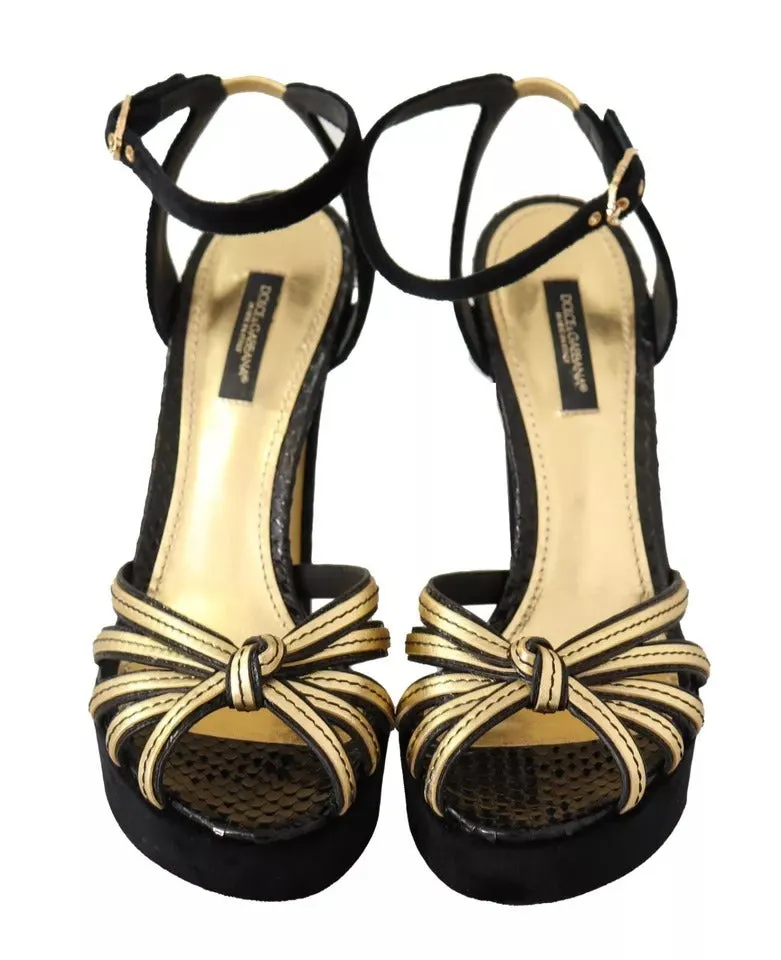 Dolce&Gabbana Women Black Gold Sandals Leather Strappy High Heel Shoes Sz EUR 38