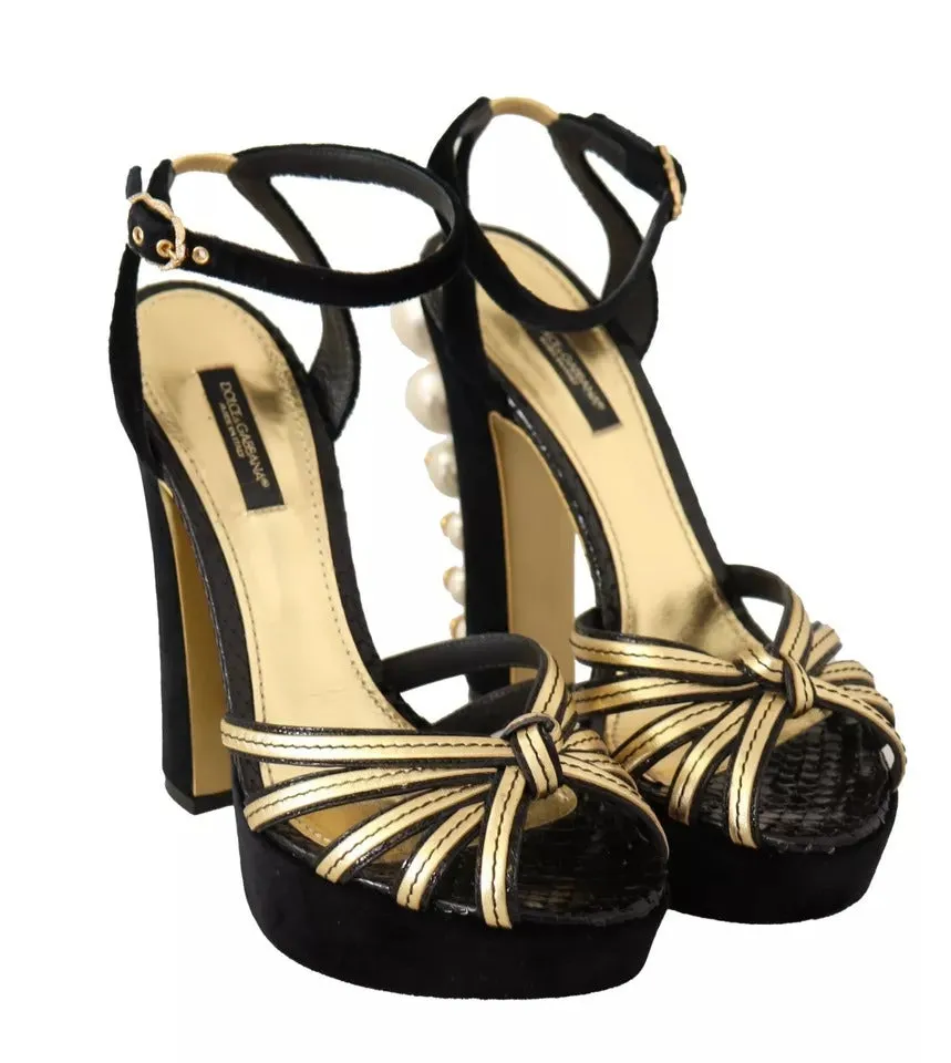 Dolce&Gabbana Women Black Gold Sandals Leather Strappy High Heel Shoes Sz EUR 38