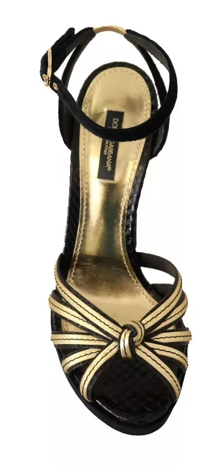 Dolce&Gabbana Women Black Gold Sandals Leather Strappy High Heel Shoes Sz EUR 38