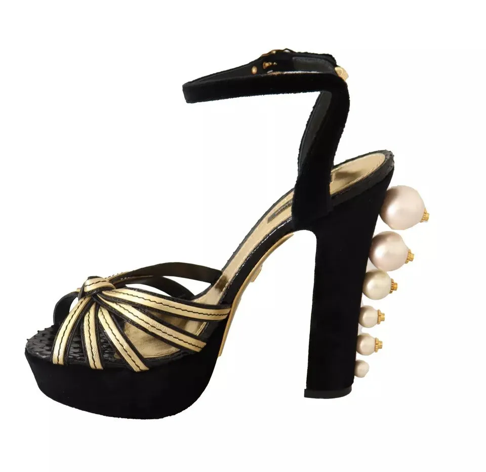 Dolce&Gabbana Women Black Gold Sandals Leather Strappy High Heel Shoes Sz EUR 38