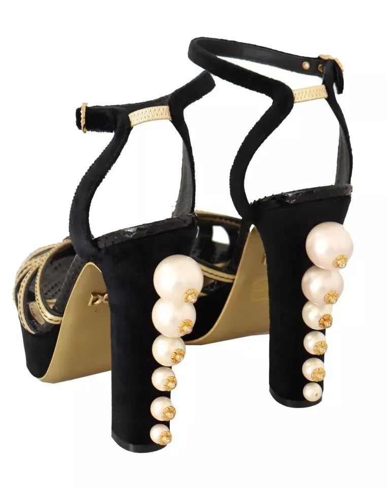 Dolce&Gabbana Women Black Gold Sandals Leather Strappy High Heel Shoes Sz EUR 38