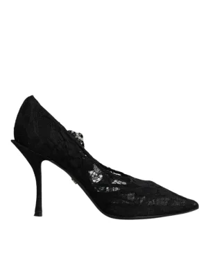 Dolce&Gabbana Women Black Pumps Nylon Floral High Heel Mary Jane Shoes EUR 39.5