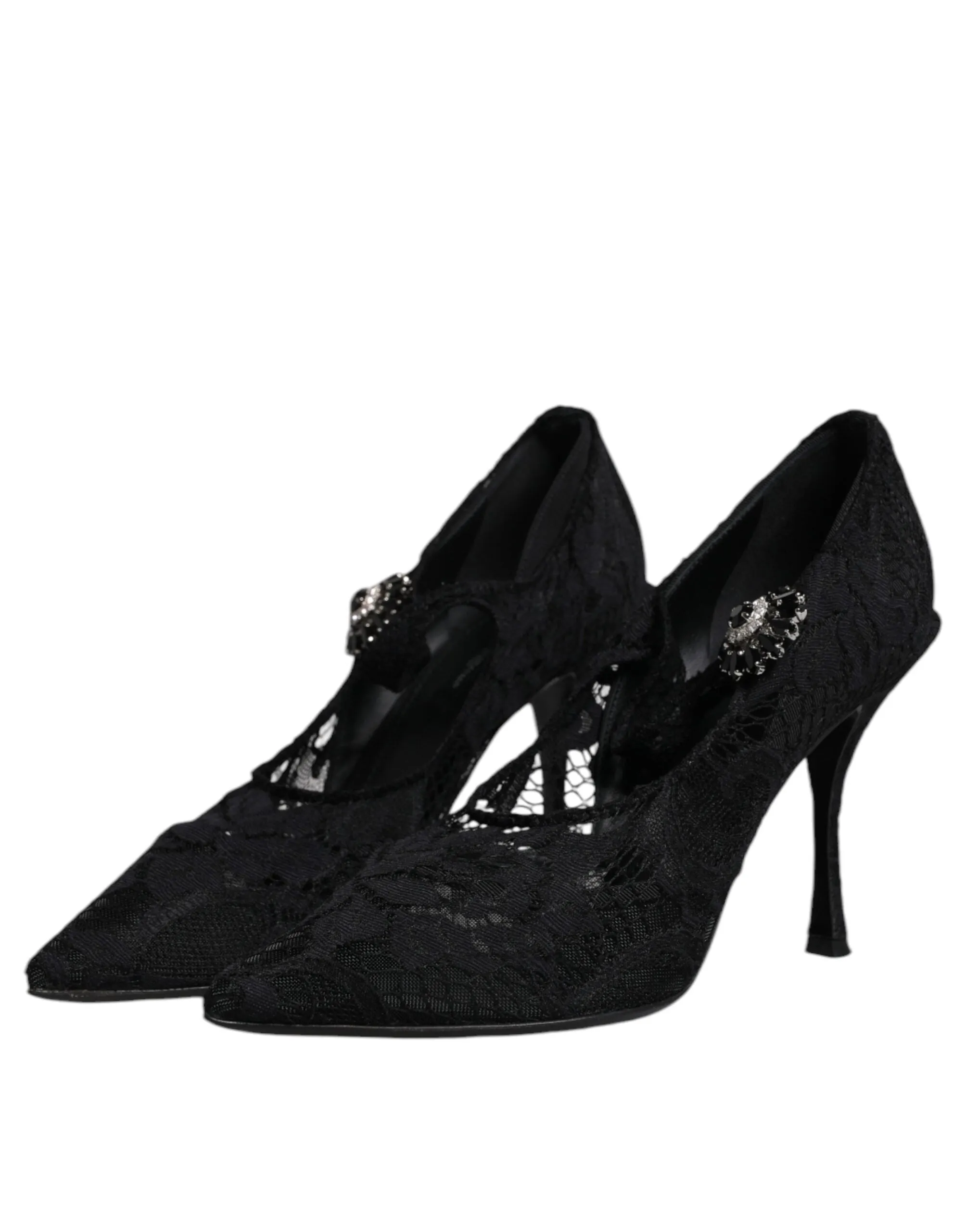 Dolce&Gabbana Women Black Pumps Nylon Floral High Heel Mary Jane Shoes EUR 39.5