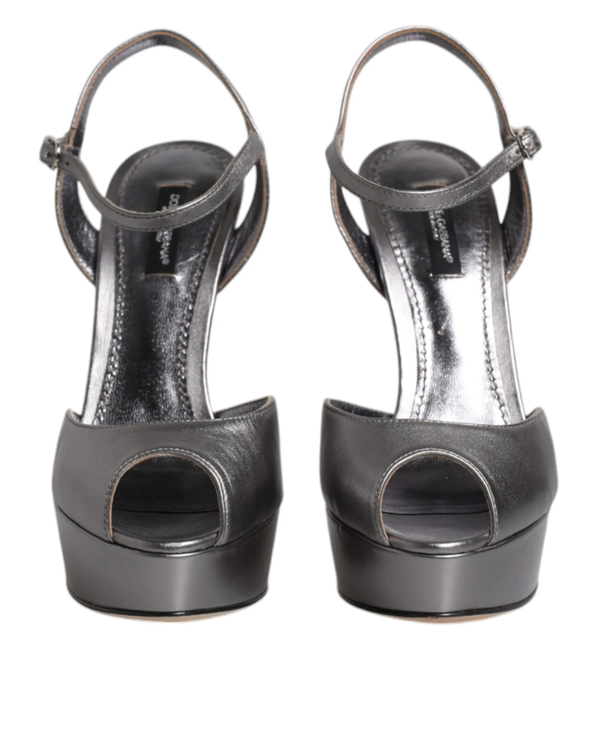 Dolce&Gabbana Women Silver Sandals Leather Ankle Strap High Wedge Shoes Sz EU 38