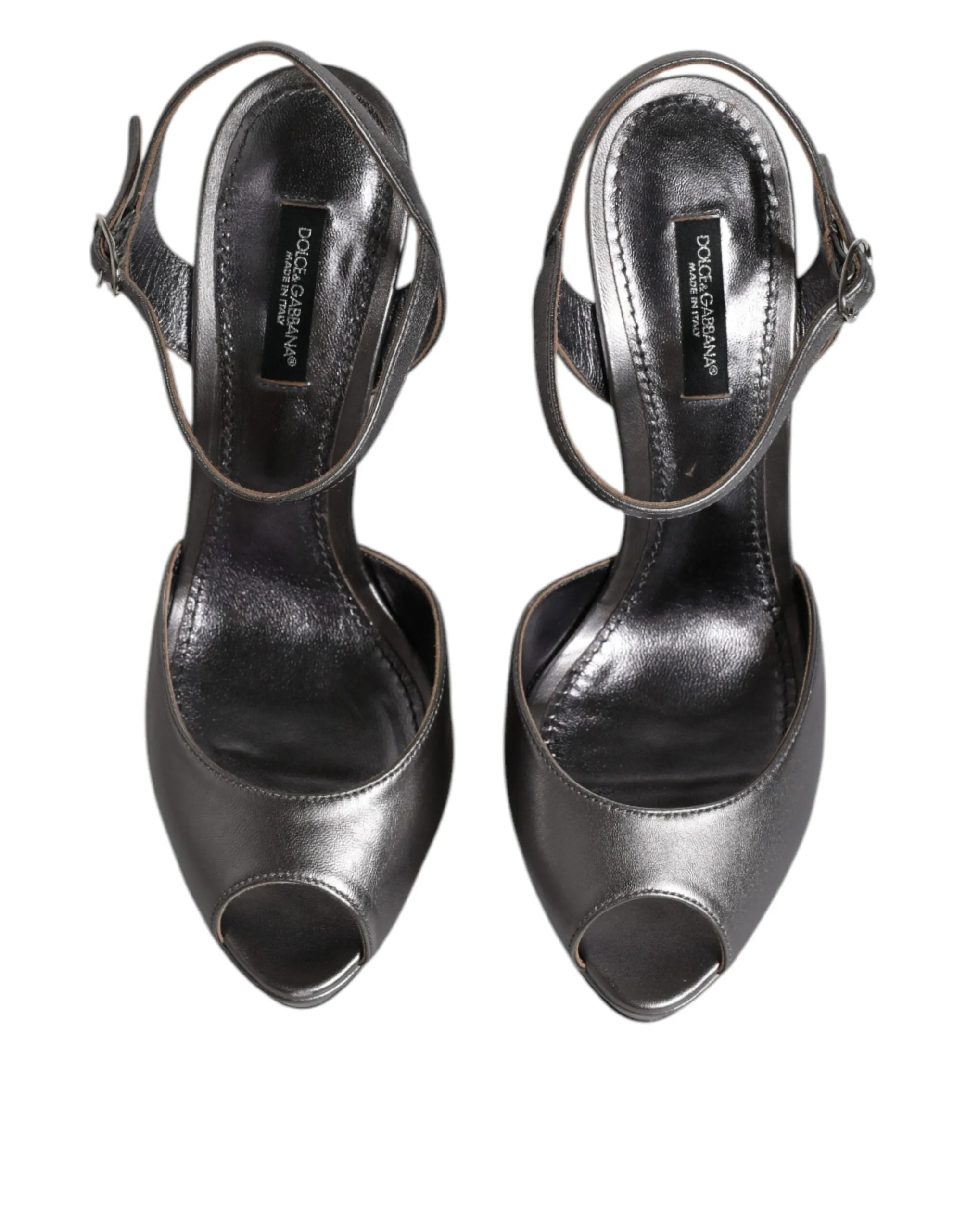 Dolce&Gabbana Women Silver Sandals Leather Ankle Strap High Wedge Shoes Sz EU 38