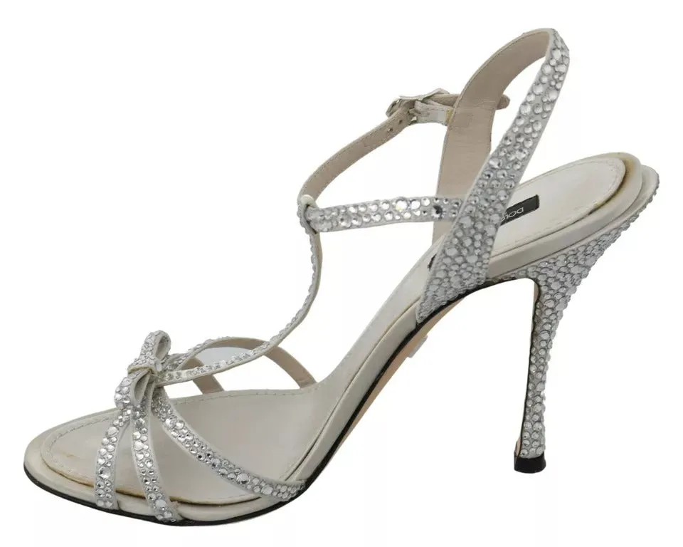 Dolce&Gabbana Women White Sandals Viscose Crystals Ankle Strap Heel Shoes EUR 40