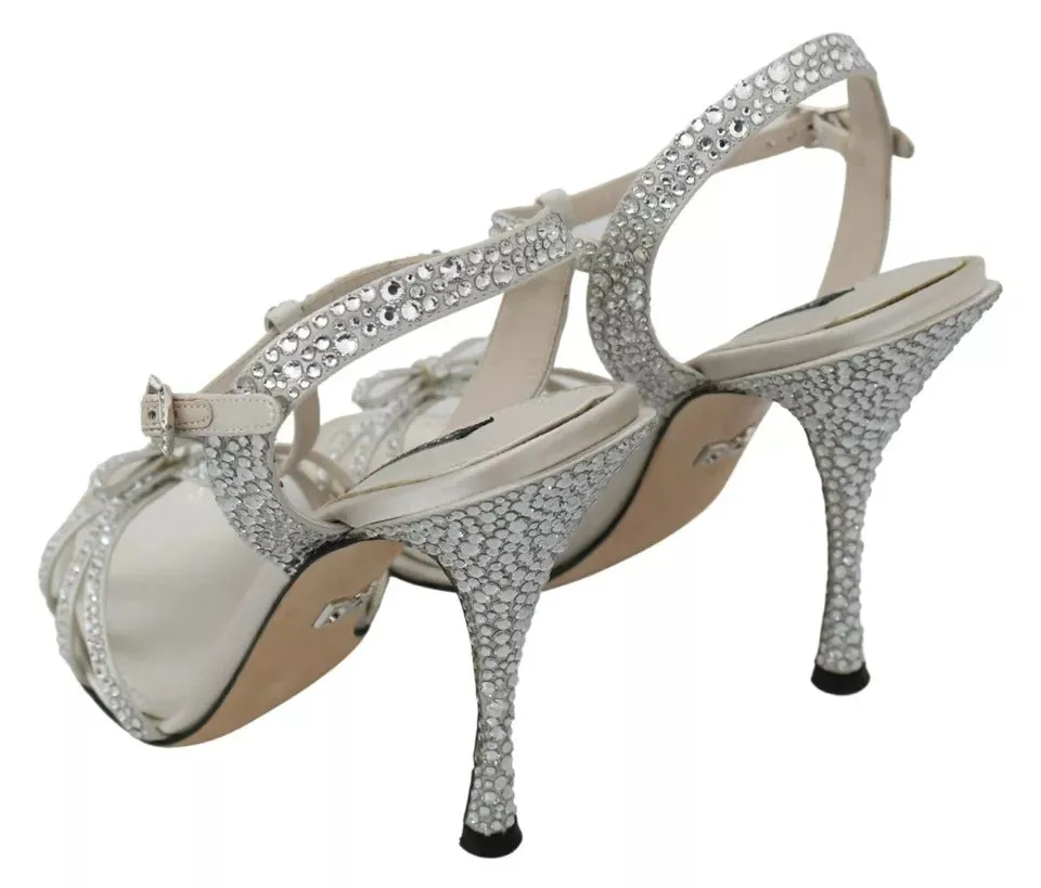 Dolce&Gabbana Women White Sandals Viscose Crystals Ankle Strap Heel Shoes EUR 40