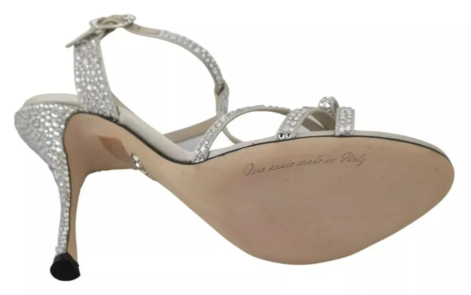 Dolce&Gabbana Women White Sandals Viscose Crystals Ankle Strap Heel Shoes EUR 40