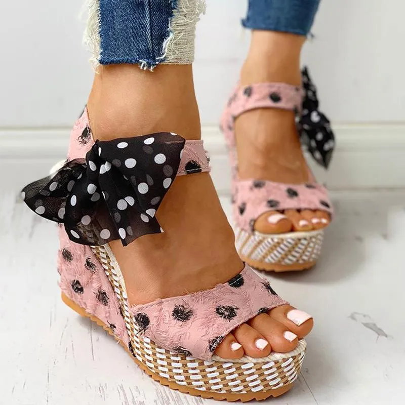 Dot Bowknot Design Platform Wedge Sandals