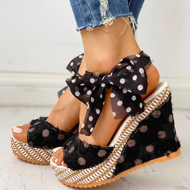 Dot Bowknot Design Platform Wedge Sandals
