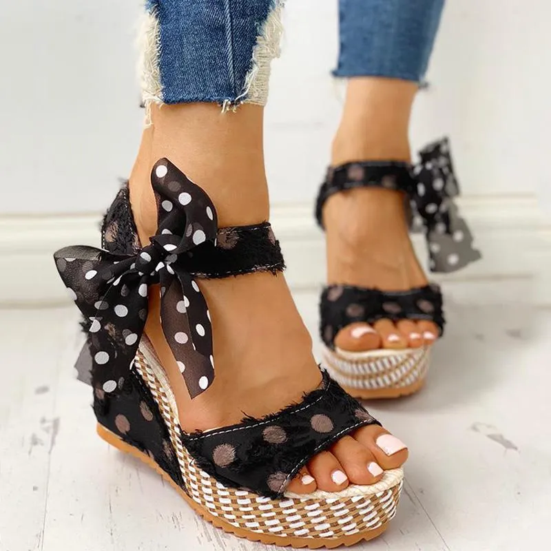 Dot Bowknot Design Platform Wedge Sandals
