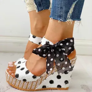 Dot Bowknot Design Platform Wedge Sandals