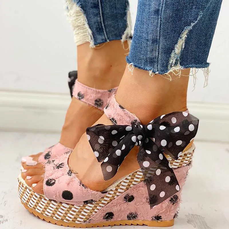 Dot Bowknot Design Platform Wedge Sandals