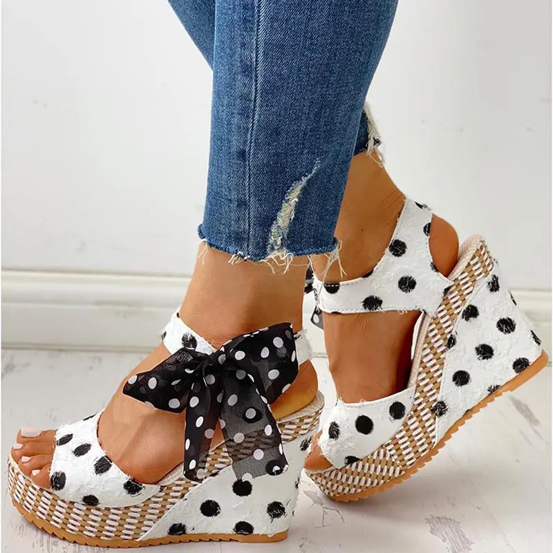 Dot Bowknot Design Platform Wedge Sandals