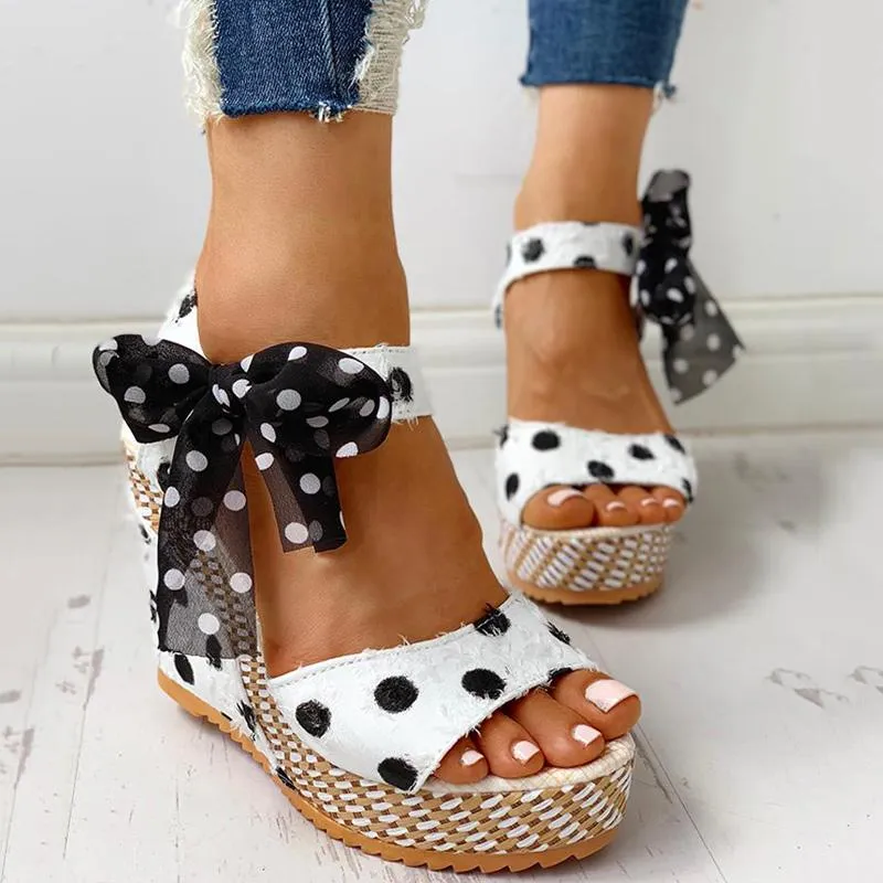 Dot Bowknot Design Platform Wedge Sandals
