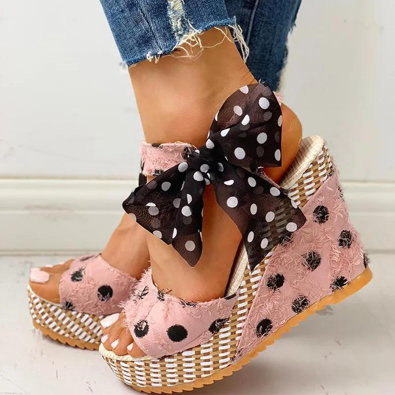 Dot Bowknot Design Platform Wedge Sandals