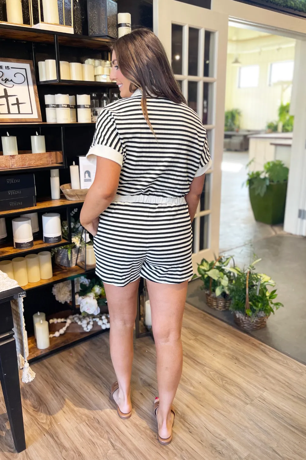 Drop Shoulder Button Down Stripe Romper