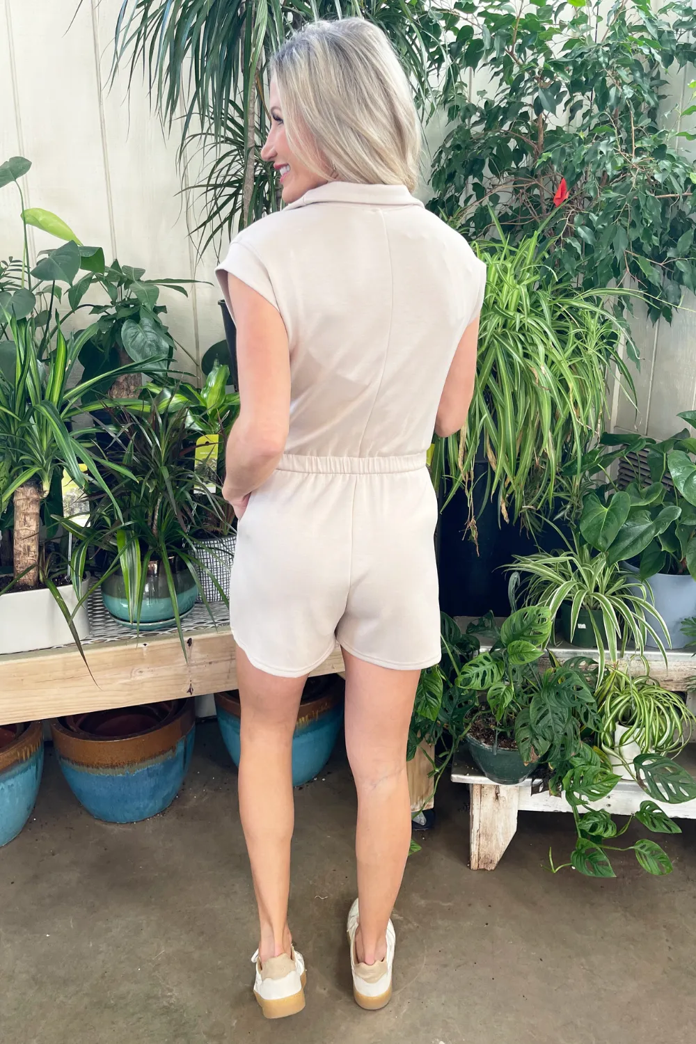 Drop Shoulder Front Zip Knit Romper with Side Pocket