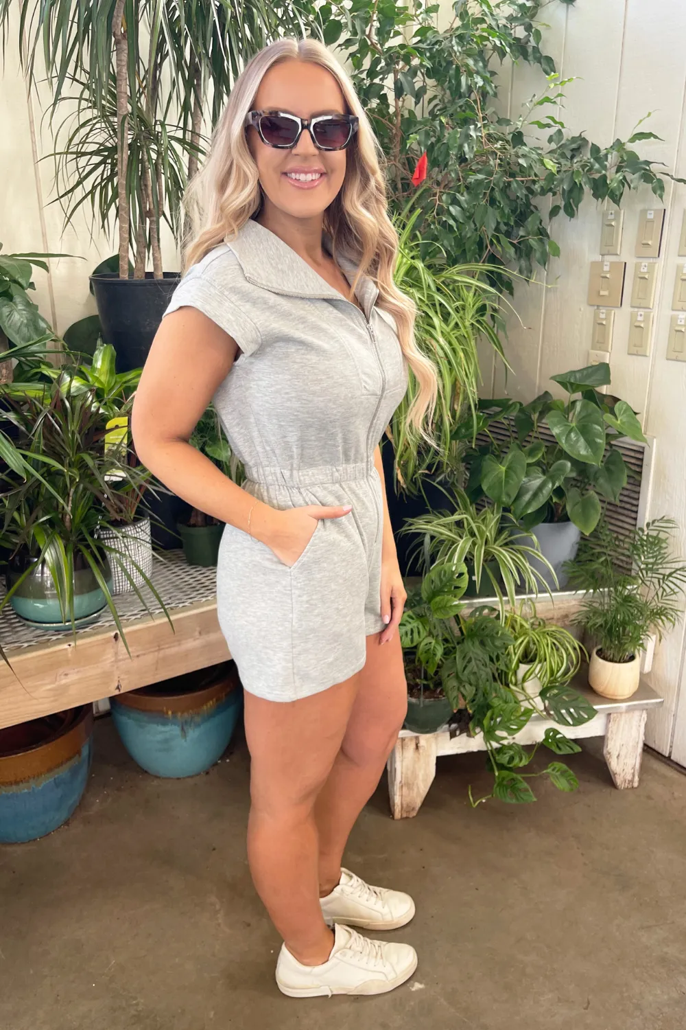 Drop Shoulder Front Zip Knit Romper with Side Pocket