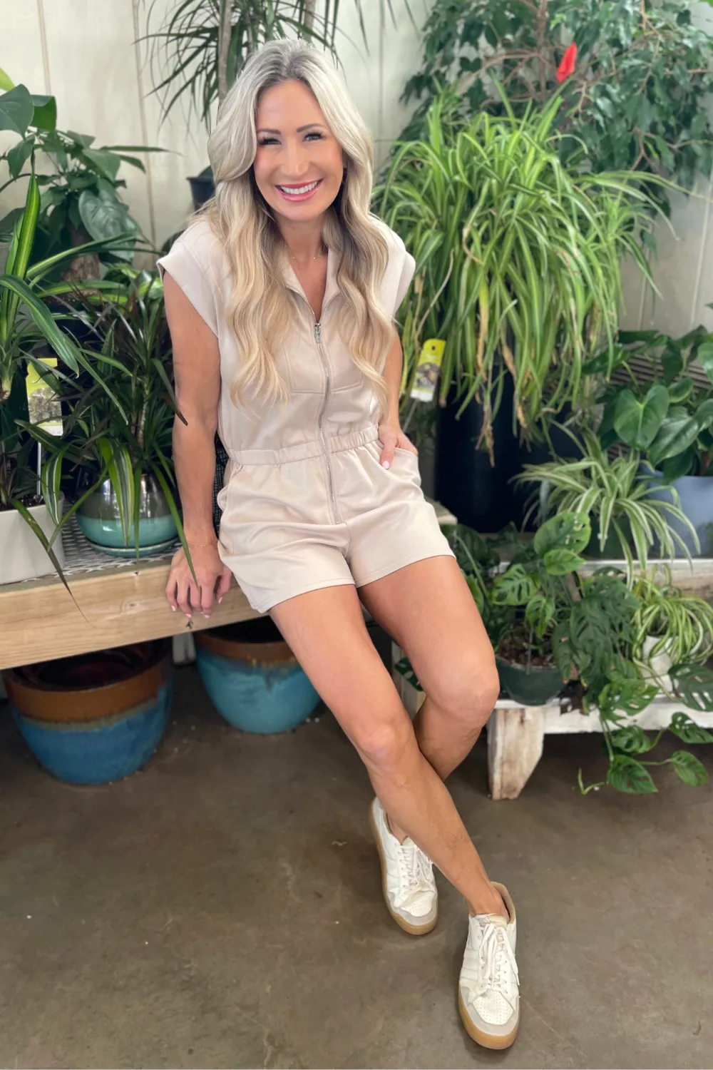 Drop Shoulder Front Zip Knit Romper with Side Pocket