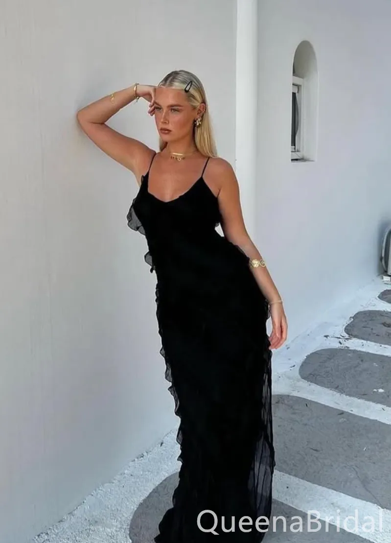 Elegant Black Spaghetti Straps Sheath Long Party Dress Prom Dresses ,WGP1844