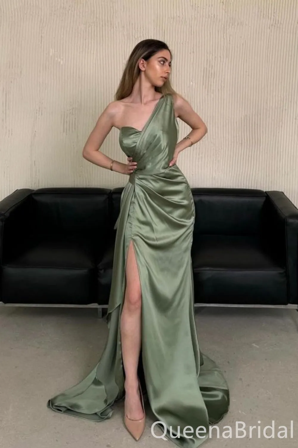 Elegant Green One Shoulder Sheath Side Slit Long Prom Dresses ,WGP1624