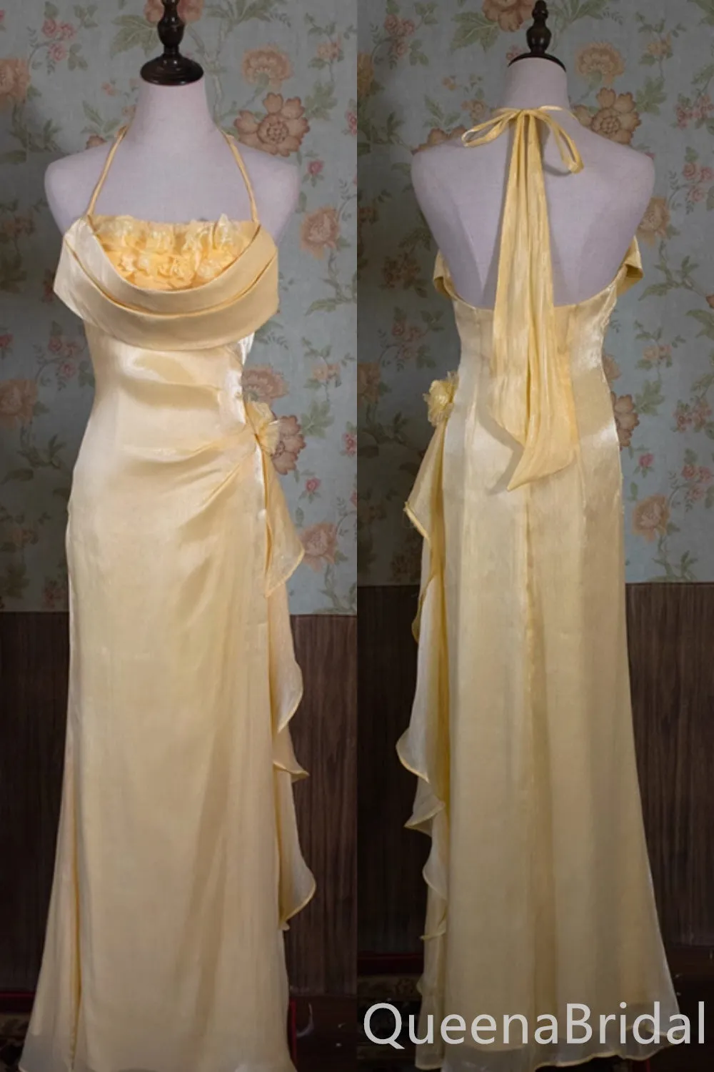 Elegant Light Yellow Halter Sheath Long Prom Dress to Impress ,WGP1699
