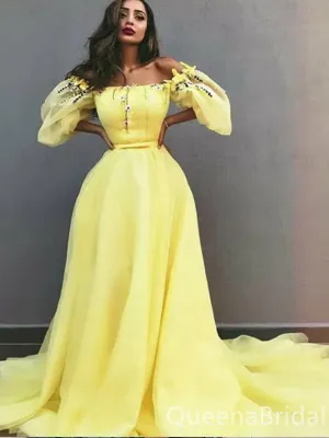 Elegant Off-the-shoulder Yellow A-line Bubble Sleeves Evening Gown Long Formal Dresses Prom Dresses ,WGP775