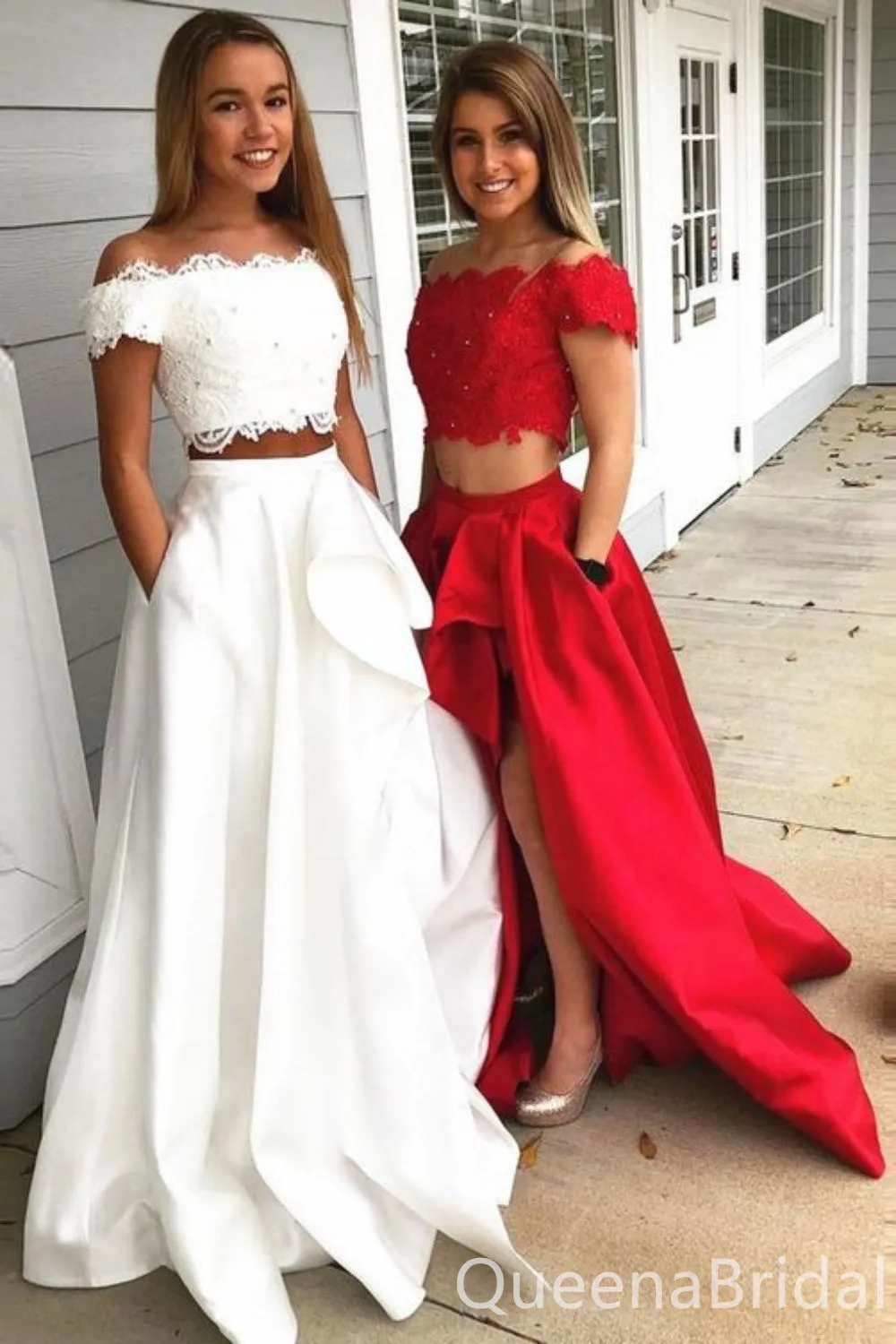 Elegant Two Pieces Lace Off Shoulder Party Dress Long Prom Dresses to Impress ,WGP1386