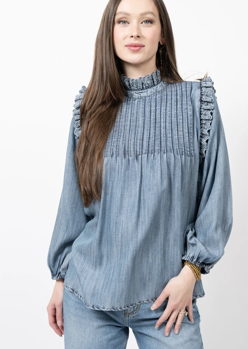 Eyelet Ruffle Trimmed Denim Top