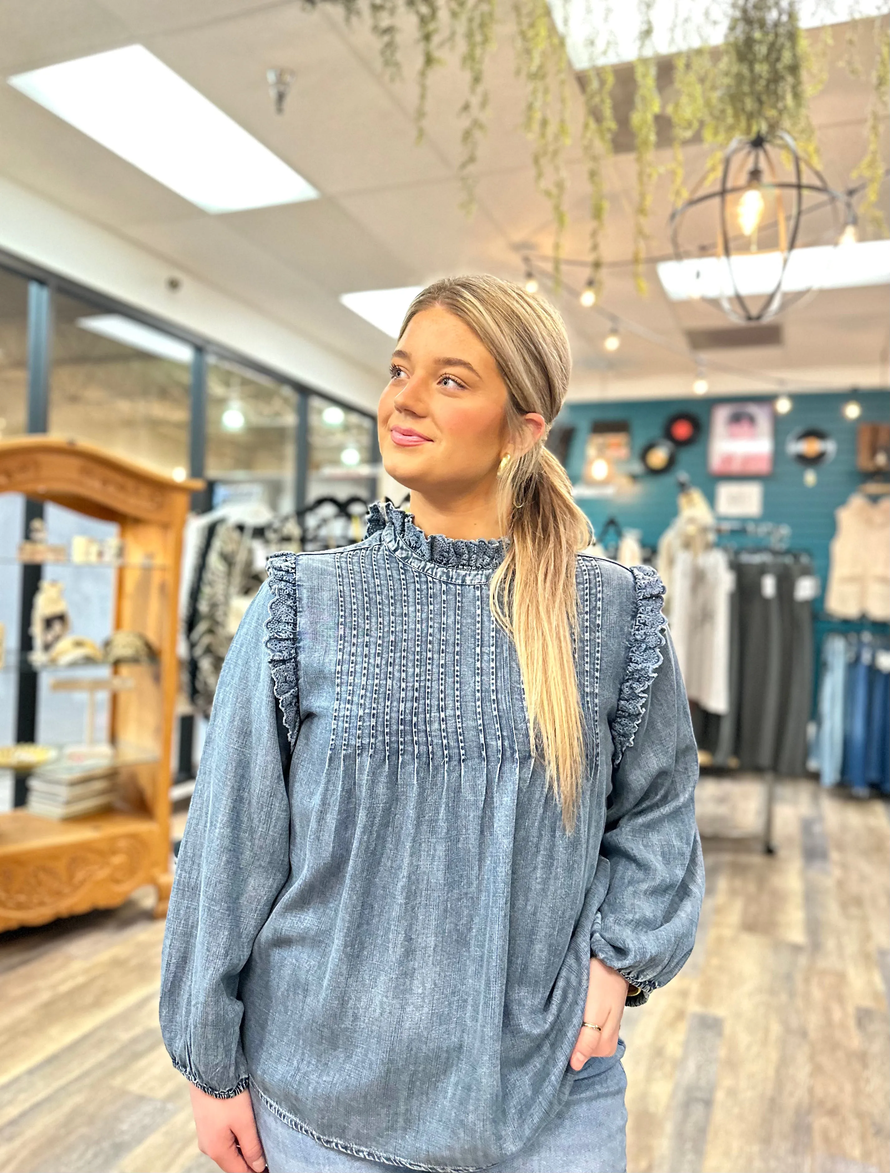 Eyelet Ruffle Trimmed Denim Top