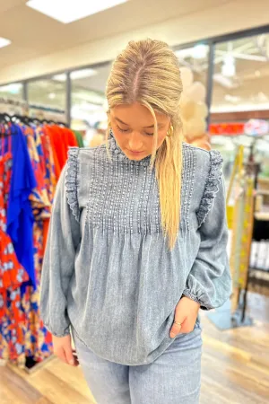 Eyelet Ruffle Trimmed Denim Top