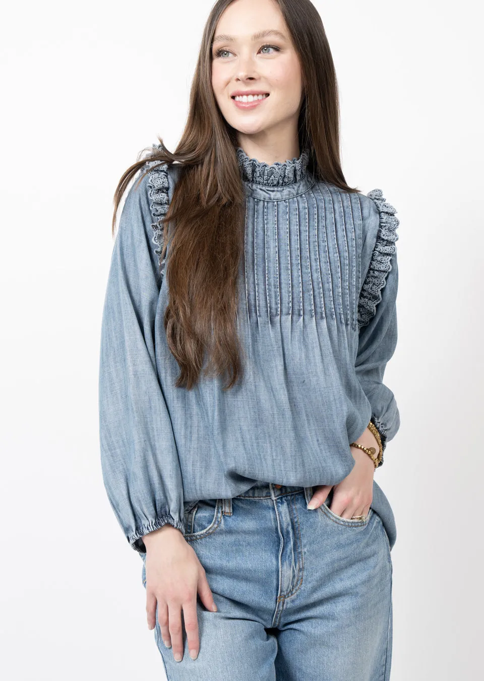 Eyelet Ruffle Trimmed Denim Top