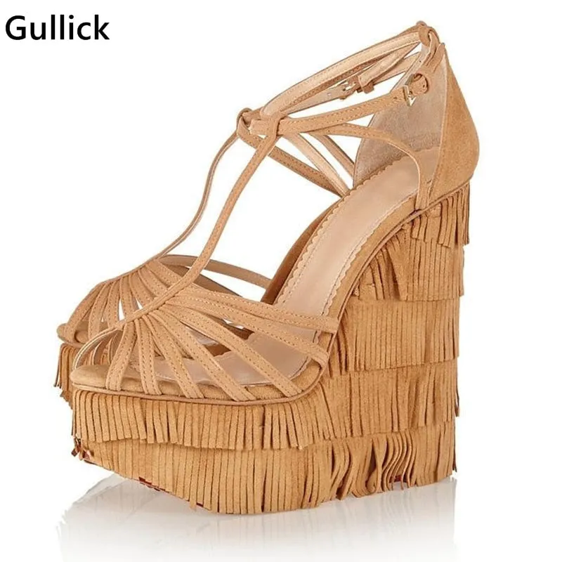 Fashion Fringed Strappy Super High Wedges Gladiator Sandals