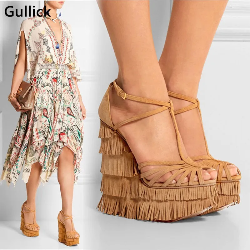 Fashion Fringed Strappy Super High Wedges Gladiator Sandals