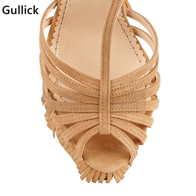 Fashion Fringed Strappy Super High Wedges Gladiator Sandals