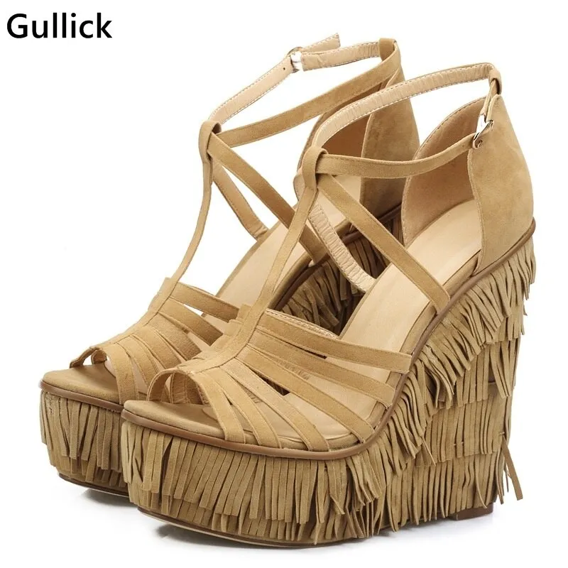 Fashion Fringed Strappy Super High Wedges Gladiator Sandals