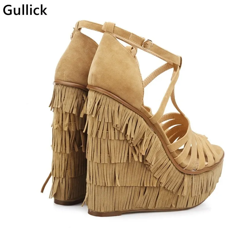 Fashion Fringed Strappy Super High Wedges Gladiator Sandals